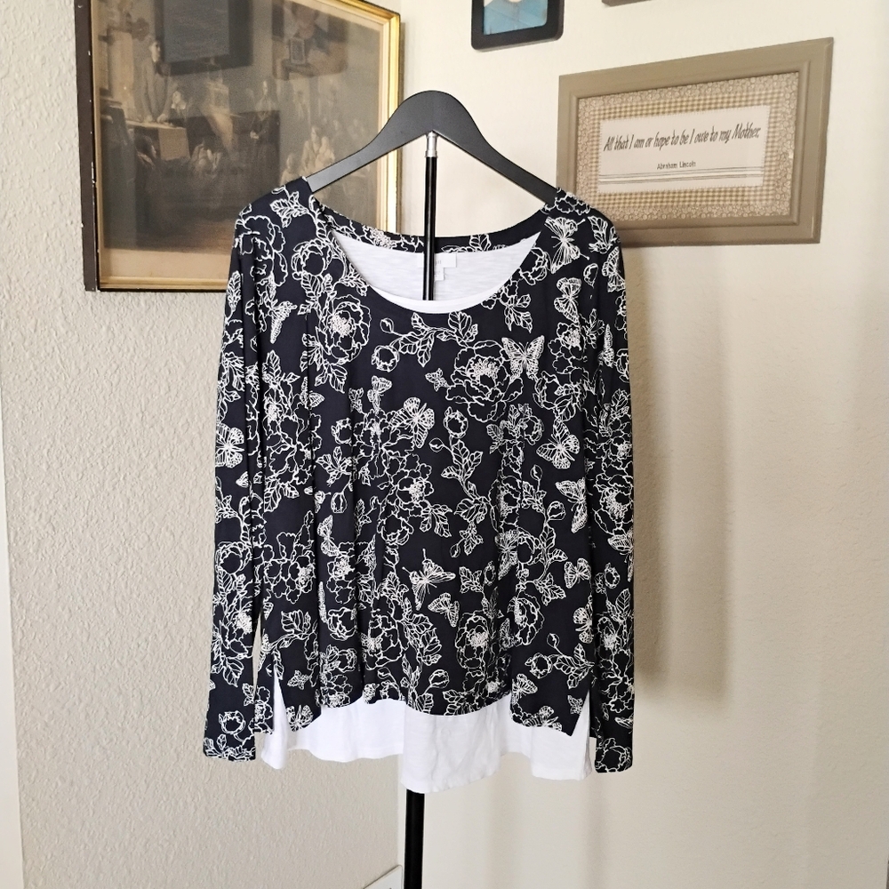 J. Jill Blue Long-Sleeve Floral Layered Tee with White Hem